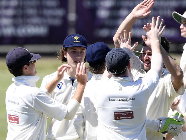 Balwyn players celebrate a wicket during the VSDCA Bayswater v Balwyn cricket match in Bayswater, Saturday, Oct. 13, 2018.  Picture: Andy Brownbill