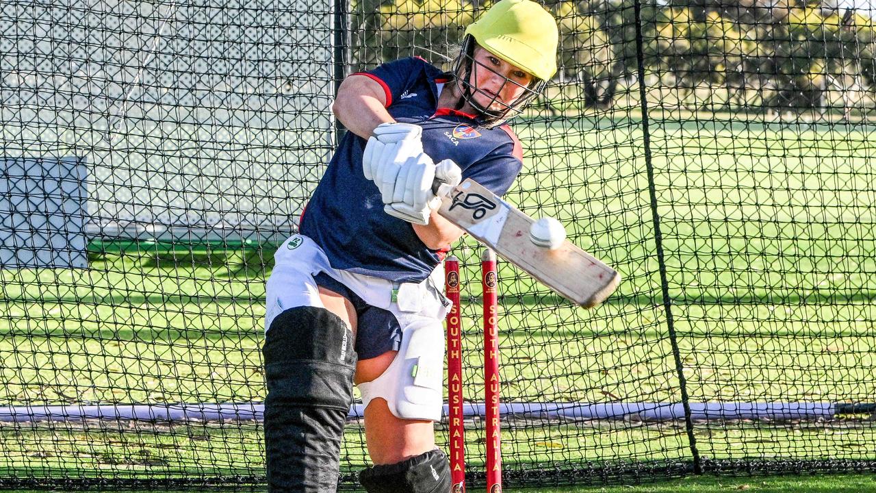 Ivy Hobbs shows her hard-hitting batting style at state under-age training. Picture: Brenton Edwards