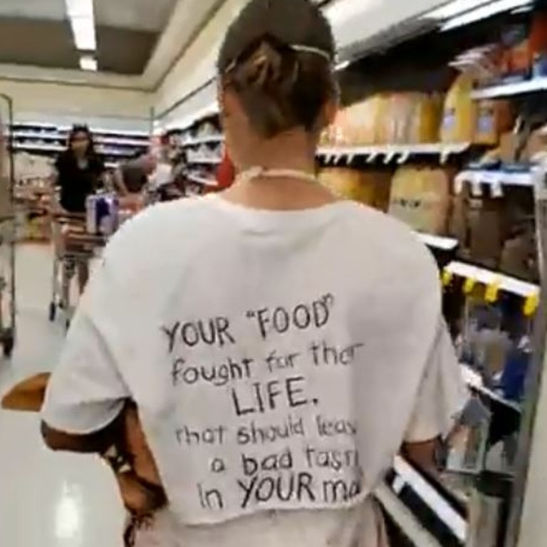 She walked through the stores and stood in front of the meat sections in protest. Picture: Tash Peterson/Facebook