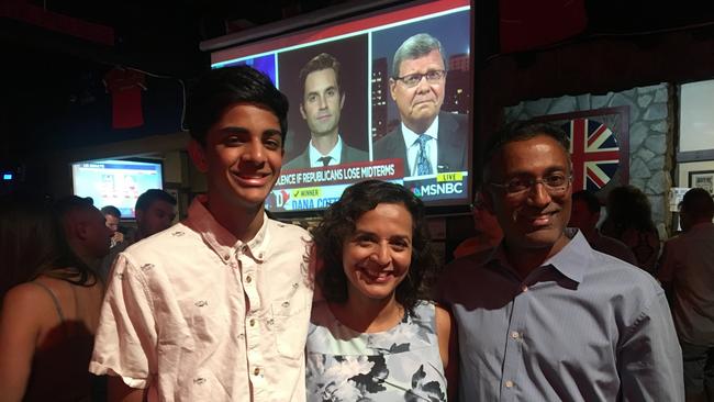 Dr Hiral Tipirneni with her family on Arizona primary election night in Arizona. Picture: News Corp Australia