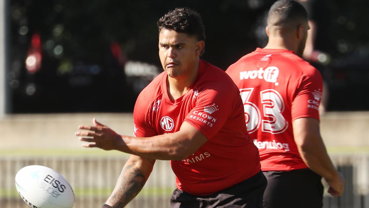 Daily telegraph 14/22 . South Sydney NRL team train at Redfern oval today Latrell Mitchell red shirt gets into it .pictureJohn Grainger