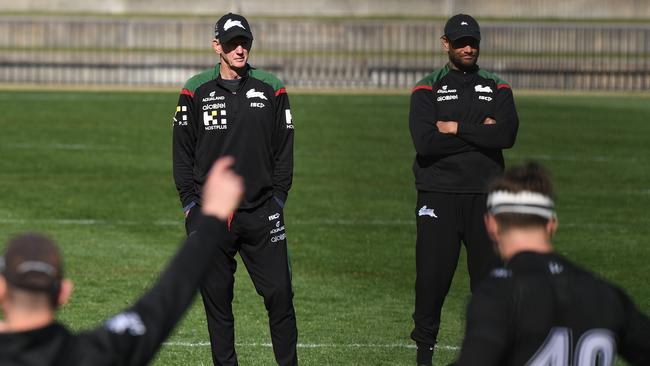 Rabbitohs coach Wayne Bennett runs his eye over training on Thursday. Picture: NCA NewsWire/Joel Carrett