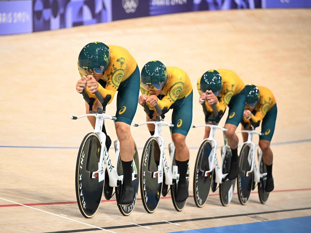 Banishing bad memories of Tokyo, Australia's Kelland O'Brien, Conor Leahy, Sam Welsford and Oliver Bleddyn claimed gold at the Saint-Quentin-en-Yvelines National Velodrome in Montigny-le-Bretonneux, southwest of Paris. Picture: Sebastien Bozon/AFP