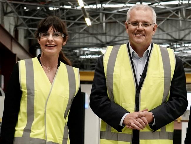 Robertson MP Lucy Wicks and Prime Minister Scott Morrison at a factory on the Central Coast this week. More candidates have nominated for Robertson than any other seat in the country. Picture: Adam Taylor