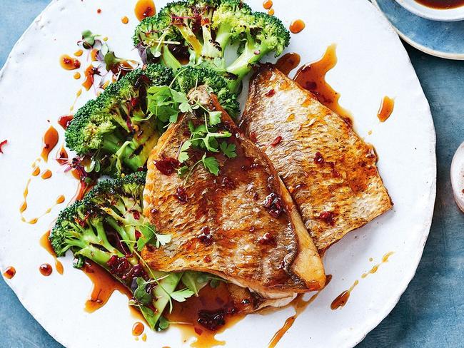 Chargrilled broccoli with crispy skinned snapper.