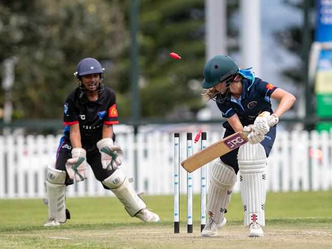 Top of off: Manly’s Matilda Brown is bowled by Natalia Egan. Picture: Julian Andrews