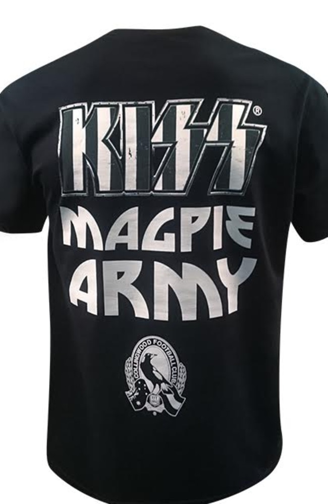 Rear view ... the Kiss/Kollingwood shirt features ‘Magpie Army’ in the Kiss font.