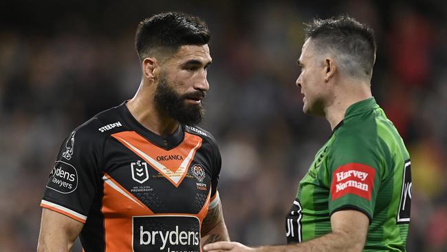 James Tamou of the Tigers speaks with the referee during the round 19 NRL match between the North Queensland Cowboys and the Wests Tigers.