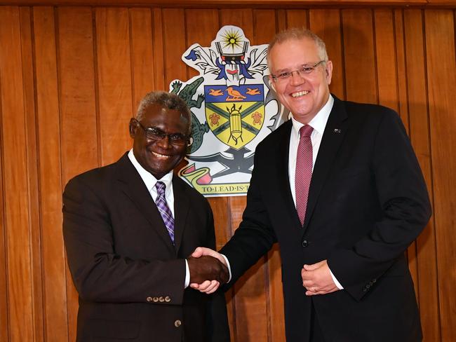 Solomon Islands Prime Minister Manasseh Sogavare (left) with Australian Prime Minister Scott Morrison (right) in Honiara in the Solomon Islands in June 2019.