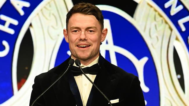 BRISBANE, AUSTRALIA - SEPTEMBER 25: Lachie Neale of the Lions gives a speech after being awarded with the Brownlow Medal during the 2023 Brownlow Medal at The Gabba on September 25, 2023 in Brisbane, Australia. (Photo by Albert Perez/AFL Photos via Getty Images)