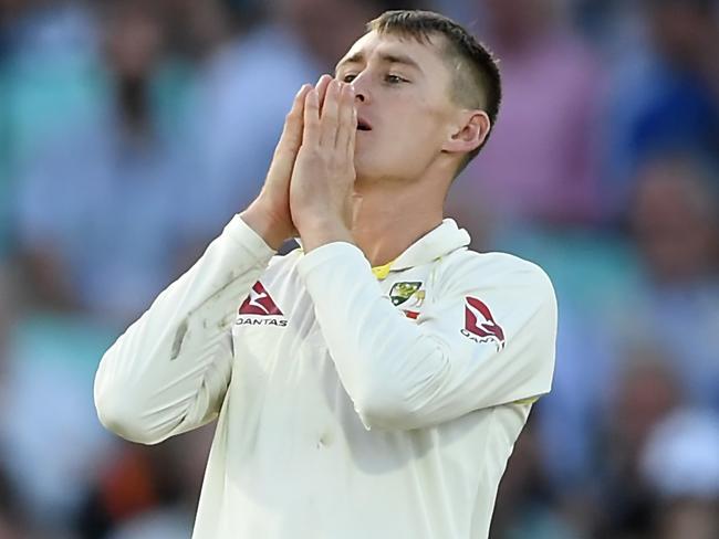 LONDON, ENGLAND - SEPTEMBER 12: Marnus Labuschagne of Australia reacts to a chance during Day One of the 5th Specsavers Ashes Test between England and Australia at The Kia Oval on September 12, 2019 in London, England. (Photo by Alex Davidson/Getty Images)