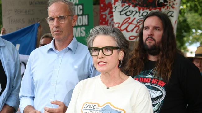 The Australia Institute Eloise Carr speaks to the media Anti-salmon snap Rally against EPBC law changes for industry on March 20 2025. Picture: Elise Kaine