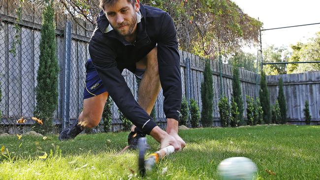 Kookaburras co-captain Eddie Ockenden trains in isolation during the COVID-19 pandemic at his parents house in Moonah. Picture: Zak Simmonds