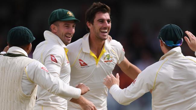 Pat Cummins celebrates taking the wicket of Stuart Broad. Picture: AAP.