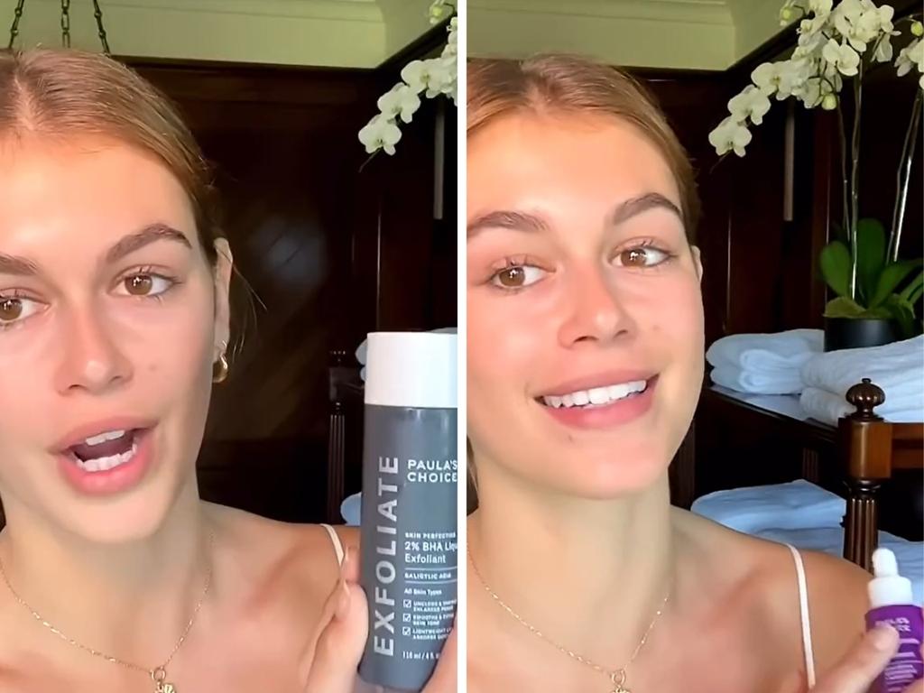 Supermodel Kaia Gerber uses Paula's Choice 2% BHA Liquid Exfoliant and CLINICAL Niacinamide 20% Treatment. Picture: TikTok/@paulaschoice.