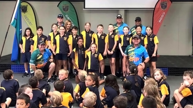 Leo Dynevor, Nathan Blacklock, Craig Teevan and Troy Byers have been visiting Central Queensland schools in the lead-up to the Australian Team of NRL Legends game in Blackwater on Saturday. Photo: Contributed