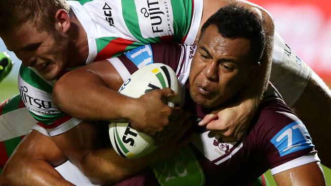 Manly's Siosaia Vave tackled by Rabbitoh's Thomas Burgess during round five of the NRL. Picture Gregg Porteous.