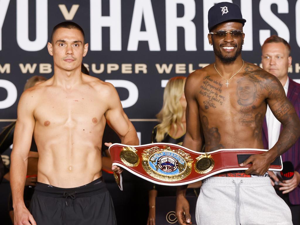 Tim Tszyu and Tony Harrison during their official weigh in.