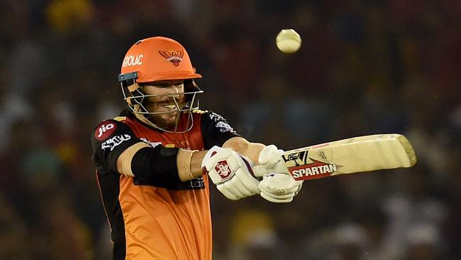 Sunrisers Hyderabad batsman David Warner plays a shot during the 2019 Indian Premier League (IPL) Twenty20 cricket match between Kings XI Punjab and Sunrisers Hyderabad. Picture: Money Sharma/AFP