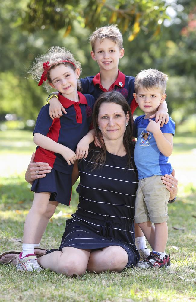 Jessica Green with her three children Lola, 5, Charlie, 7, and Louis Cassar, 3, was forced to move due to noise from planes. Picture: Justin Lloyd