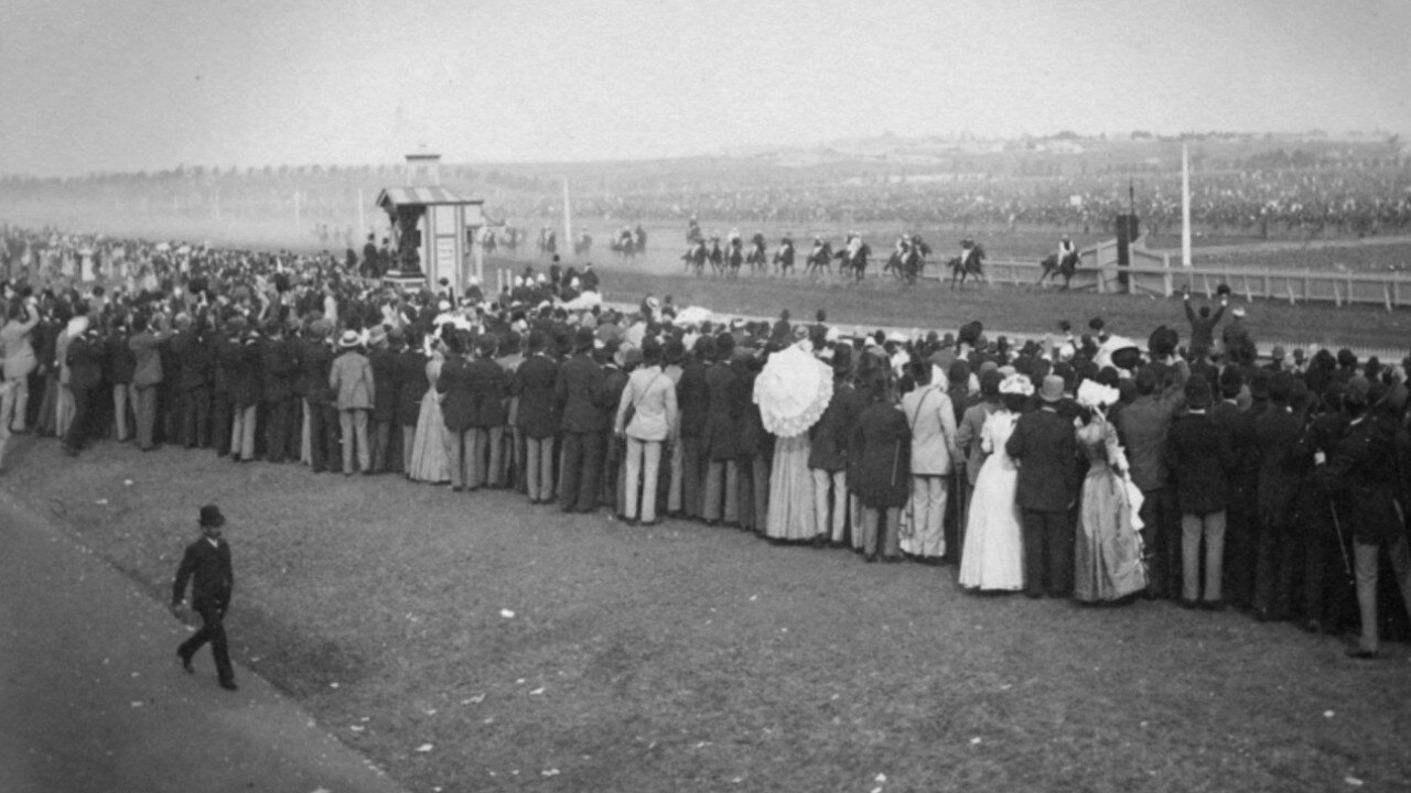 The finish line of the Melbourne Cup in 1890. Picture: State Library of Victoria