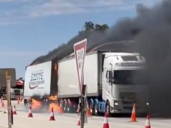 Trucks catch fire near a remote covid checkpoint on the WA-SA border.