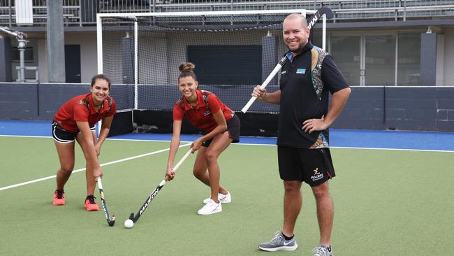 The Aspire to be Deadly indigenous hockey program is back in schools after having to suspend their work during the coronavirus pandemic. Aspire to be Deadly members Jess Fatnowna, Lisa Fatnowna and Wes Ferns are looking to expand on their existing program. PICTURE: BRENDAN RADKE