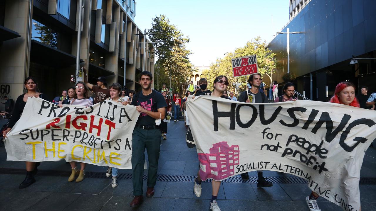 Tenants held a protest against rent increases on Friday as rents reach an all-time high. Picture: Lisa Maree Williams/Getty Images