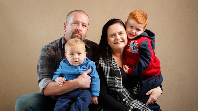 Cathy Jayne Hogben with husband Daniel and children Jacob and Levi at their Adelaide home. Picture: Matt Turner