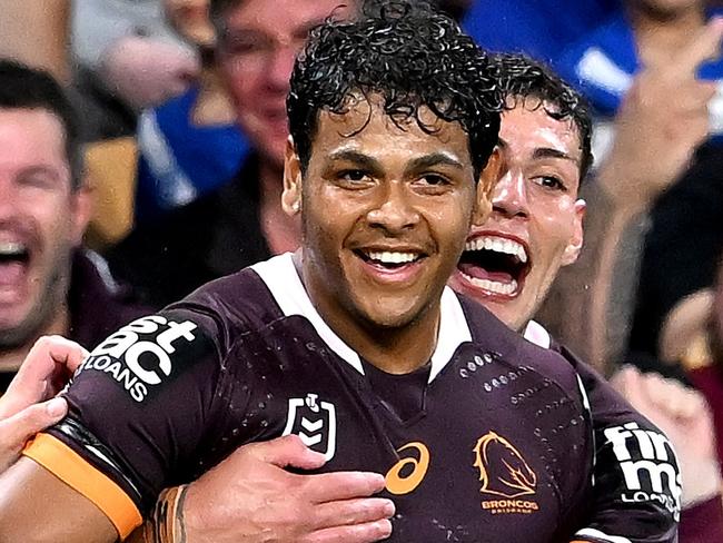 BRISBANE, AUSTRALIA - APRIL 22: Selwyn Cobbo of the Broncos celebrates scoring a try during the round seven NRL match between the Brisbane Broncos and the Canterbury Bulldogs at Suncorp Stadium, on April 22, 2022, in Brisbane, Australia. (Photo by Bradley Kanaris/Getty Images)