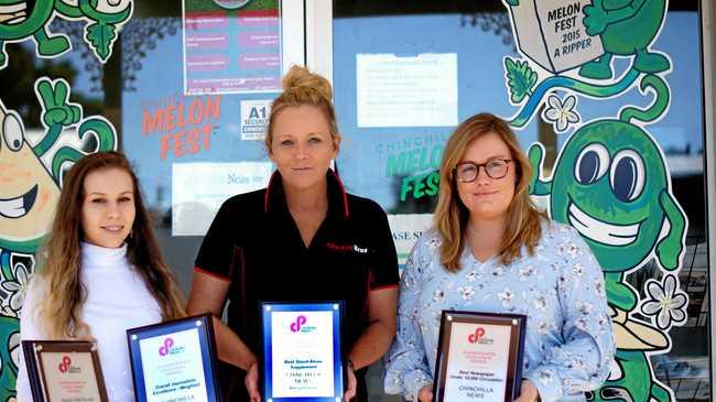 WINNERS: Chinchilla news staff Brooke Duncan (journalist), Jodie Williams (media sales consultant), and Kate McCormack (journalist). Picture: Holly Johnson