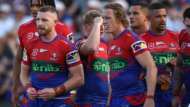 NEWCASTLE, AUSTRALIA - MARCH 17:  Jackson Hastings of the Knights reacts after a Dolphins try during the round three NRL match between Newcastle Knights and Dolphins at McDonald Jones Stadium on March 17, 2023 in Newcastle, Australia. (Photo by Cameron Spencer/Getty Images)