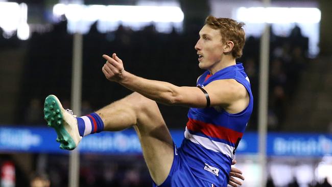 Bailey Dale kicks one of his five goals for the Western Bulldogs. Picture: Michael Klein.