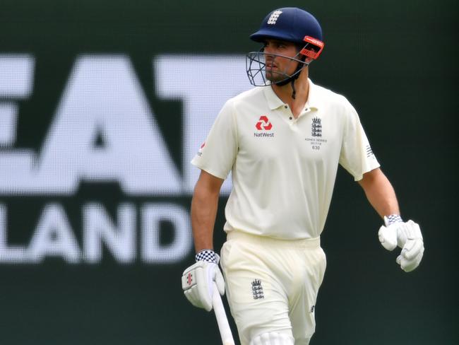 Alastair Cook of England is seen walking out to bat on Day 1 of the First Test match between Australia and England at the Gabba in Brisbane, Thursday, November 23, 2017. (AAP Image/Darren England) NO ARCHIVING, EDITORIAL USE ONLY, IMAGES TO BE USED FOR NEWS REPORTING PURPOSES ONLY, NO COMMERCIAL USE WHATSOEVER, NO USE IN BOOKS WITHOUT PRIOR WRITTEN CONSENT FROM AAP