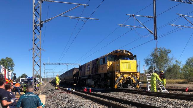 Emergency crews were called to the train collision at Westwood in June 2020. Picture: RACQ Capricorn Helicopter Rescue Service