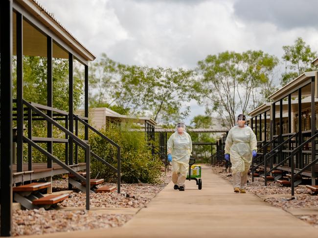 **NO ONLINE USE UNTIL 12:05AM, Friday 15th January, 2020** AUSMAT staff conduct a Swabbing run at a PPE drill at the NCCTRCA/AUSMAT sections of the Howard Springs Corona virus quarantine Centre on Darwin's outskirts. Picture: GLENN CAMPBELL via NCA NewsWire