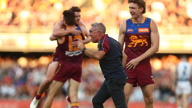 Lions coach Chris Fagan celebrates with players after his side’s stunning win. Pic: Getty Images