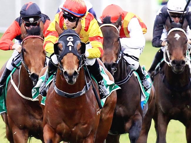 Thronum (red and yellow striped sleeves) ridden by Tommy Berry wins race 1 during Randwick races in Sydney. Pic Jenny Evans
