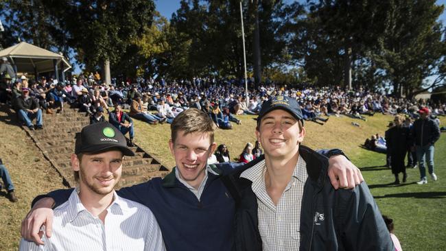 Watching the O'Callaghan Cup match are TGS old boys (from left) Tom Denny, Alex Macey and Nick Denny on Grammar Downlands Day at Toowoomba Grammar School, Saturday, August 19, 2023. Picture: Kevin Farmer