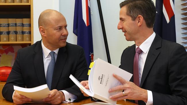 CANBERRA, AUSTRALIANewsWire Photos MARCH 29, 2022: The Treasurer Josh Frydenberg with Simon Birmingham on the morning of the 2022 Budget, at Parliament House in Canberra.Picture: NCA NewsWire / Gary Ramage