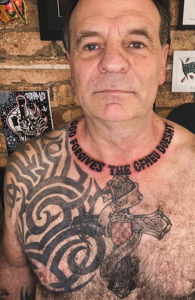 Former CFMEU boss John Setka shows off new ink with a tattoo reading, God Forgives The CFMEU Doesn’t, on his neck. Picture: Supplied