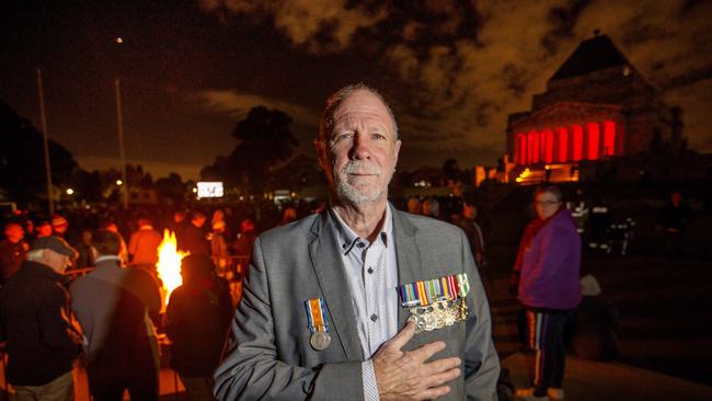 Terry Goodley, 70, served 20 years in the navy. He was one of the first to gather for the Anzac Day Dawn Service at The Shrine of Remembrance in Melbourne. Picture: NCA NewsWire / David Geraghty