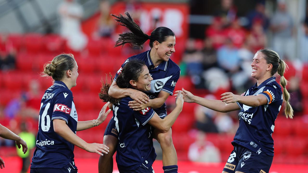 ADELAIDE, AUSTRALIA – MAY 04: Claudia Bunge of Melbourne Victory celebrates her second goal with Alex Chidiac of Melbourne Victory and teammates during the First Leg of the A-League Women's Semi Final between Adelaide United and Melbourne Victory at Coopers Stadium, on May 04, 2025, in Adelaide, Australia. (Photo by Sarah Reed/Getty Images)