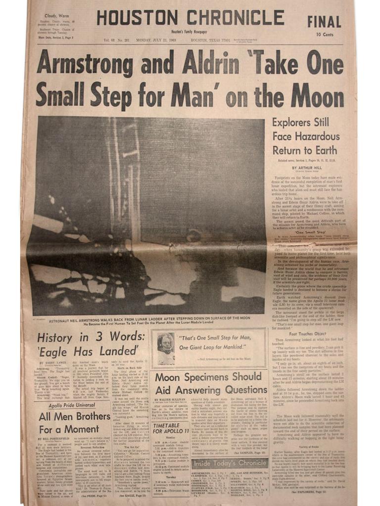 The Houston Chronicle featured Neil Armstrong’s famous “one small step for man” quote. Armstrong maintained that he actually said “one small step for ‘a’ man”, but that the ‘a’ was lost in transmission.