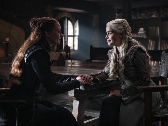 Is she still alive? Daenerys (Emilia Clarke) checks Sansa’s pulse (Sophie Turner) on Game of Thrones. Picture: HBO 