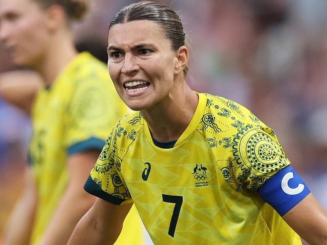 MARSEILLE, FRANCE - JULY 31: Steph Catley #7 of Team Australia reacts during the Women's group B match between Australia and United States during the Olympic Games Paris 2024 at Stade de Marseille on July 31, 2024 in Marseille, France. (Photo by Alex Livesey/Getty Images)