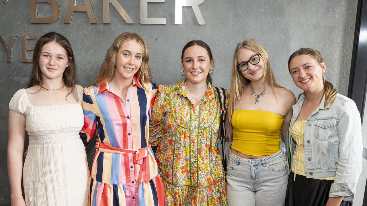 Fairholme College fashion students (from left) Kristen Hurlock, Clare Hogan, Bella Donaldson, Katie Campbell and Caroline Armstrong had their designs featured on the Emerging Designers runway of Toowoomba Fashion Festival at The Armitage Centre, Saturday, March 16, 2024. Picture: Kevin Farmer