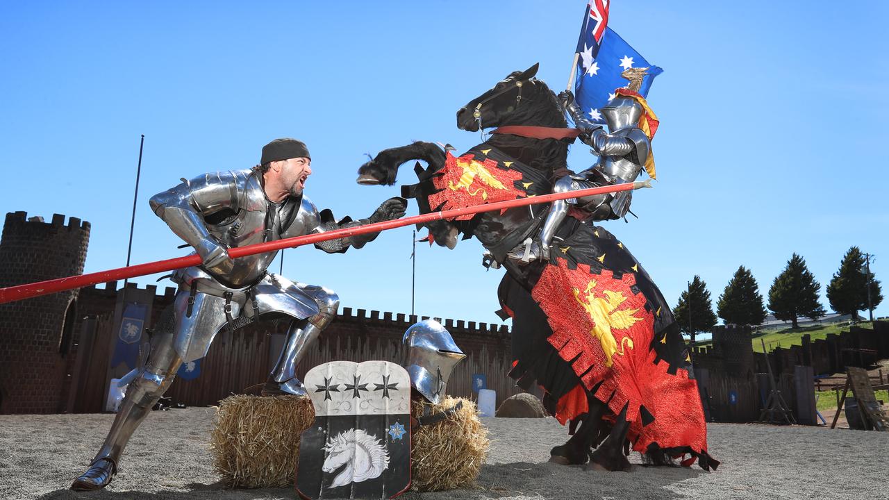 Cliff Marisma holding a lance, with Phillip Leitch on Valiant. Picture: Alex Coppel