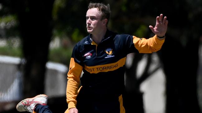 West Torrens spin bowler Daniel Fallins was at his best against Prospect. Picture: Naomi Jellicoe