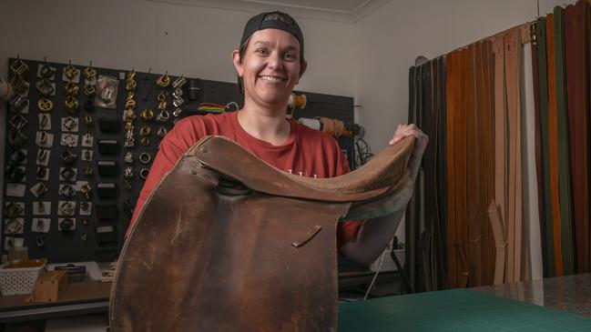 Kirby Gibson of Hope & Jane Leather Co at her studio in North Hobart. Picture: Caroline Tan